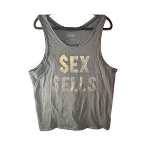 Sleeveless Top – Size L Guess Grey & Gold “SEX SELLS” Tank